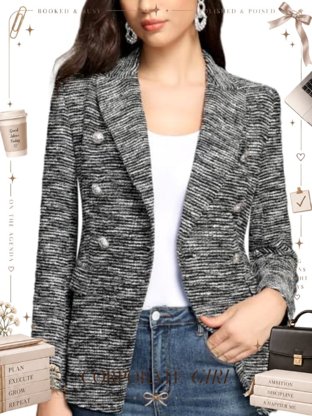 Womens Double Breasted Tweed Blazer Peaked Lapel Office Suit Jacket